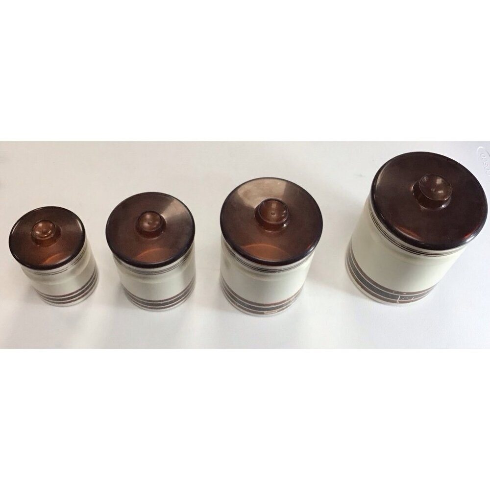 Vintage/Retro Set 4 Kromex Tan Brown Stripes Nesting Aluminum Canisters W/ LIDS